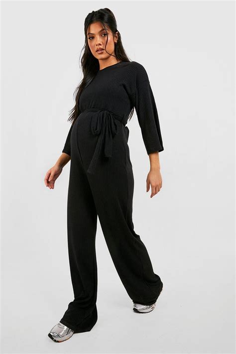 Maternity Soft Rib Belted Jumpsuit Boohoo Uk