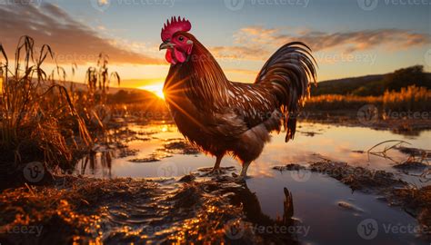 AI Generated Sunset Over A Rural Farm A Rooster Crowing At Dawn