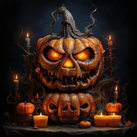 Premium Ai Image Halloween Pumpkin Head Jack Lantern With Burning Candles