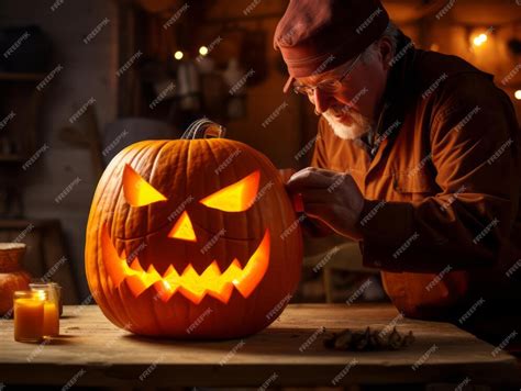 Premium Ai Image Man Carving A Sinister Jack O Lantern