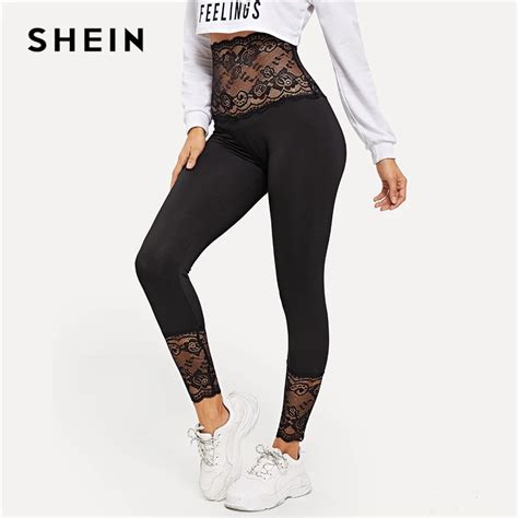 Shein Black Solid Contrast Lace Sheer Leggings Women Athleisure 2019 Spring Stretchy Trousers