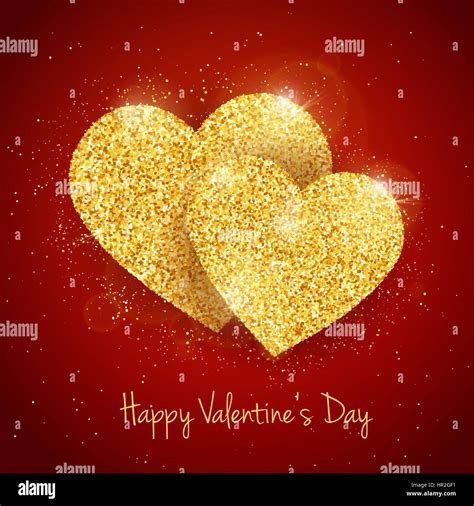 Vector Happy Valentines Day Greeting Card With 2 Sparkling Glitter Gold