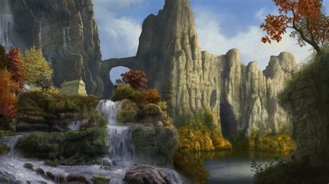 1920x1080 Autumn Sarcophagus Art Waterfall Landscape Mountains