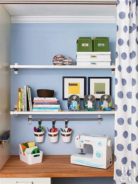 a sewing machine sitting on top of a wooden table next to a shelf ...