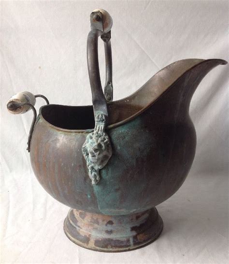 Antique Copper Brass Coal Scuttle Ash Bucket Lions Head Delft Porcelain