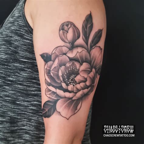 Black And Gray Peonies Tattoo Studio München Chaos Crew