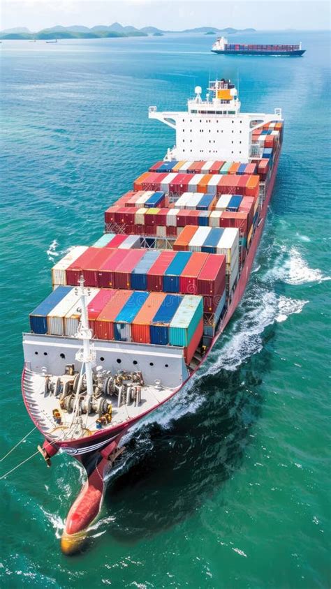 A Large Container Ship Sails Through The Ocean With Stacks Of Colorful