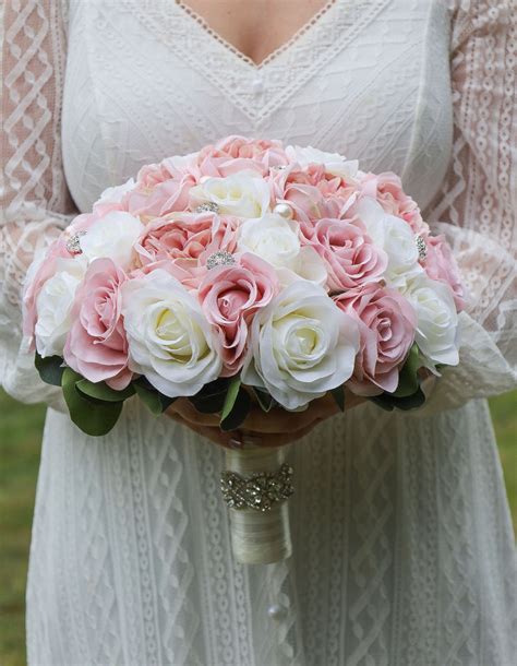 Wedding Bouquet Blush Pink and White Ivory, Faux Bridal Bouquet Rhinestone Brooches Crystals ...