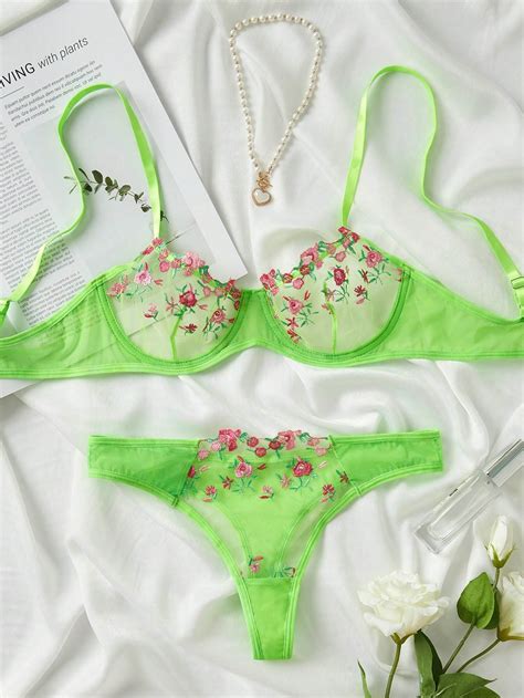 Colorful Floral Embroidery Sexy Teen Girl Lingerie Set Women Transparent Hot Underwear Set