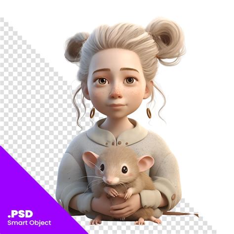 Renderización digital 3d de una niña linda con una rata aislada en un