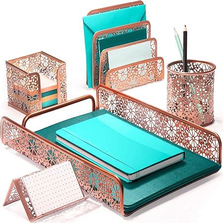 Amazon BLU MONACO Rose Gold Desk Organizer 5 Piece Desk