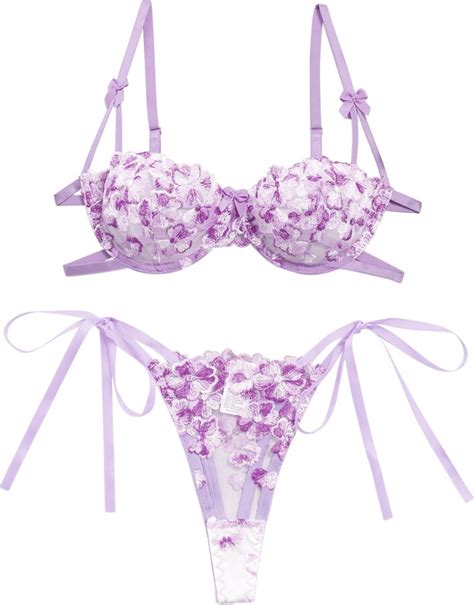 Lilosy Sexy Tie Side Cute Underwire Push Up Strappy Embroidered Mesh Sheer Lingerie Set