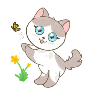 Cute Cat And Butterfly Paint Kitten Kawai PNG Transparent Clipart