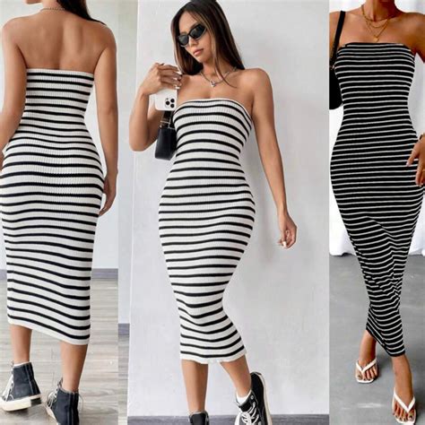 Vestido Tomara Que Caia Reto Midi Bicolor Listrado Anarruga Feminino