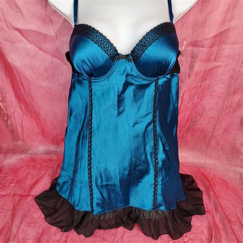 Blue Satin Babydoll Lingerie Size L C Lace Underwire Bra Nighty Ebay