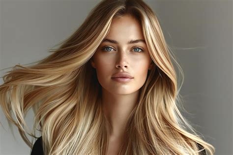 Beautiful Woman With Long Hair Flowing In The Wind She Has Shiny And Smooth Blonde Straight