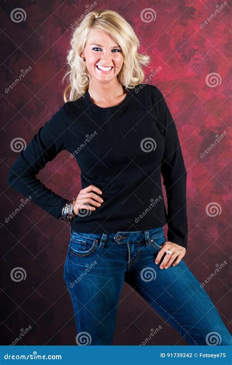 Blonde Girl Fashion Model In Blue Jeans Stock Photo Image Of People