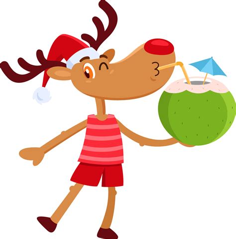 Cute Christmas Reindeer Cartoon Character Drinking Coconut Cocktail On