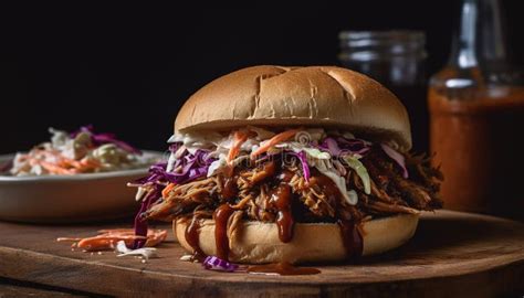 Grilled Pulled Pork Sandwich With Coleslaw Pickles And Barbecue Sauce