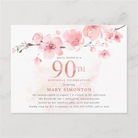 Blush Pink Floral 90th Birthday Invitation Postcard Zazzle 60th