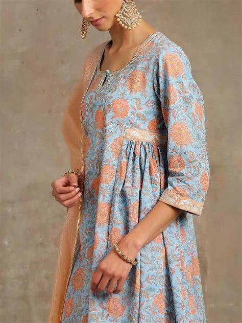 Mohena Ambar Blue Peach Cotton Printed Salwar Suit Cotton Anarkali