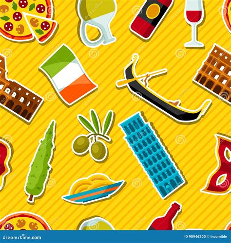 Italy Seamless Pattern Italian Sticker Symbols And Objects Stock