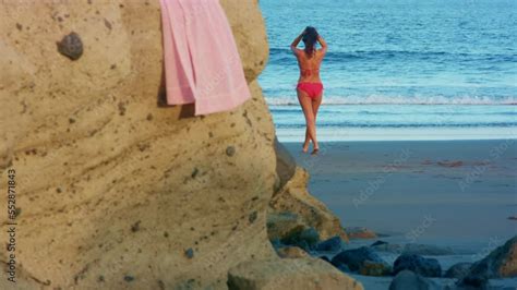 The Woman Goes For A Swim Vacation Travel Bikini Woman Walking On Beach Into Water Lady With