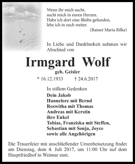 Traueranzeigen Von Irmgard Wolf Trauer In Thueringen De