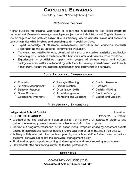 Substitute Teacher Resume Sample