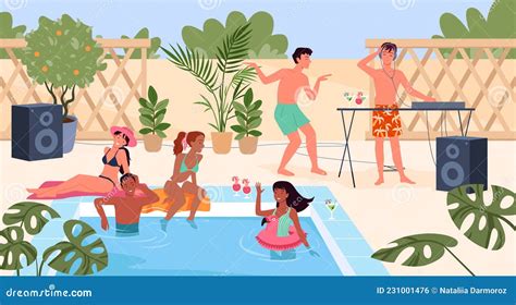 Cartoon Group of Young Man Woman Characters in Swimsuit Listen To Fun ...