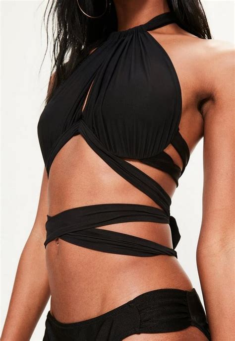 Black Mesh Inserts Wrap Around Bikini Set Missguided