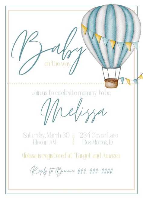 Hot Air Balloon Baby Shower Invitation Etsy