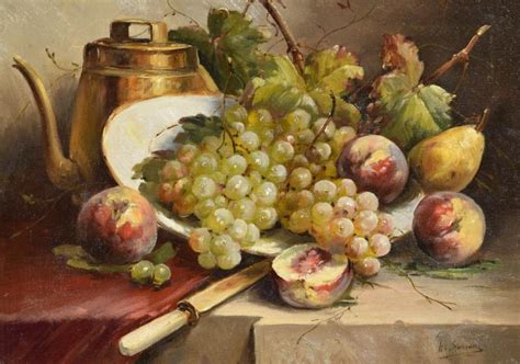 Nature morte aux fruits et cuivre huile sur toile signée H Sureau