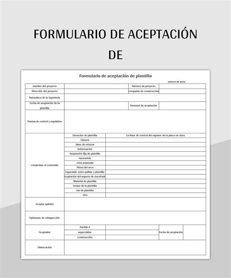 Plantilla de Excel Formulario De Aceptación De y Hoja de Cálculo de