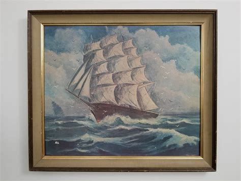 Vintage Nautical Framed Lithograph Print By Tad Call 1960s Era