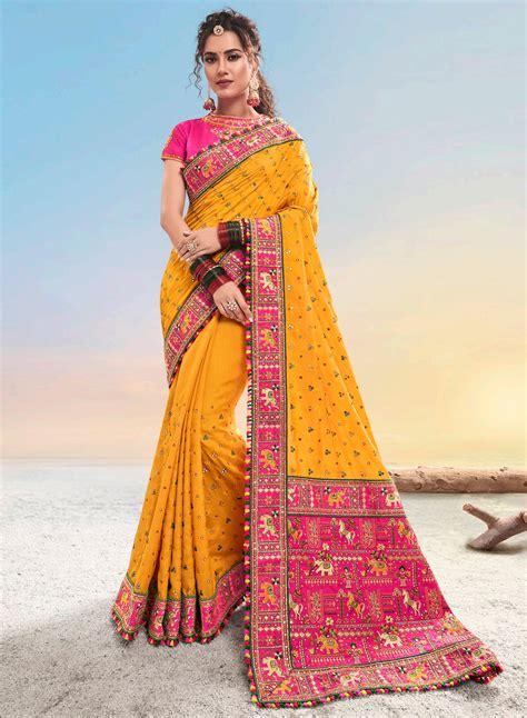 Mustard Pure Satin Pure Kachchi Work Mirror And Diamond Work Saree