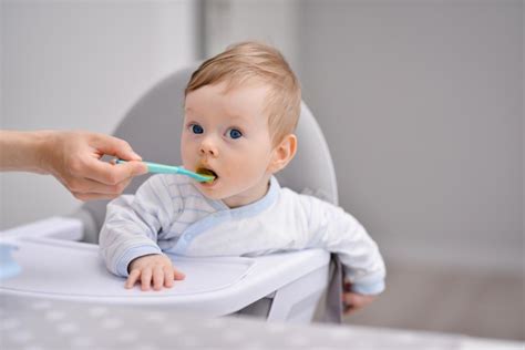 A mãe alimenta o bebê um mingau de colher retrato de menino feliz