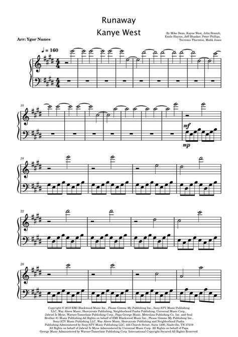 Runaway Arr Ygor Nunes By Kanye West Sheet Music For Easy Piano At