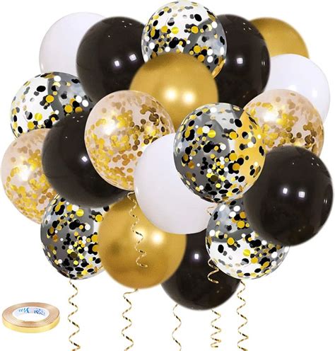 Zesliwy Black Gold Confetti Balloons 50 pack - 12 Inch Gold White and ...