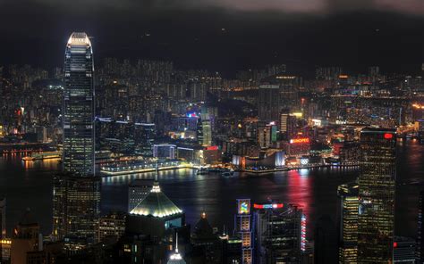 Tapety město panoráma města Hongkong noc odraz mrakodrap večer