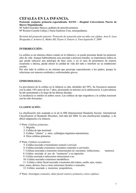 Protocolo De Cefalea En La Infancia Hphm Pdf