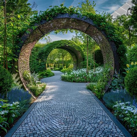 Premium Photo Beautiful Garden With Stone Walkway And Arch