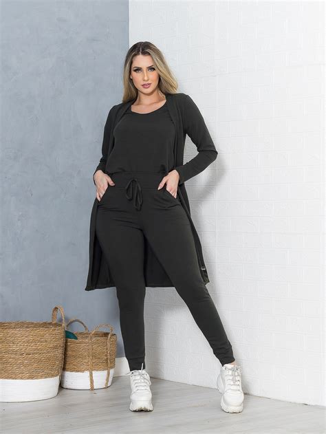 Conjunto Feminino Blusa Cal A E Cardig Kimono Pe As Inverno Frio Premium