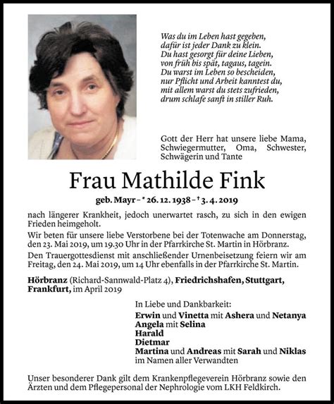 Todesanzeigen Von Mathilde Fink Todesanzeigen Vorarlberger Nachrichten