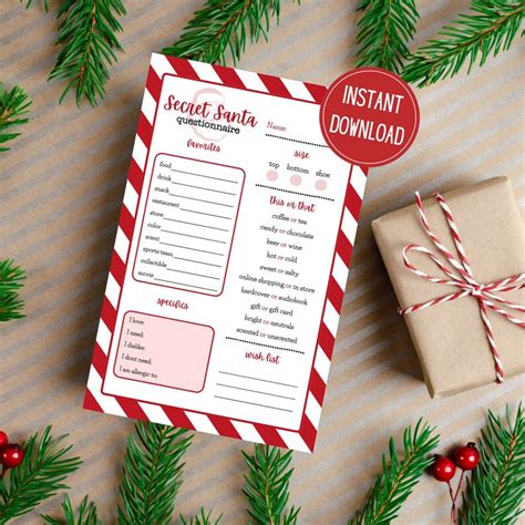 Secret Santa Questionnaire Printable Christmas Wish List For Adults