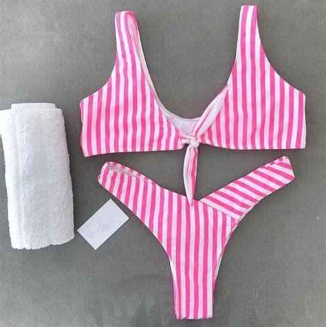 Sexy Pink Striped Bikini Set Women Swimwear Push Up Padded Bra Underwire Swimsuit Bandage Women