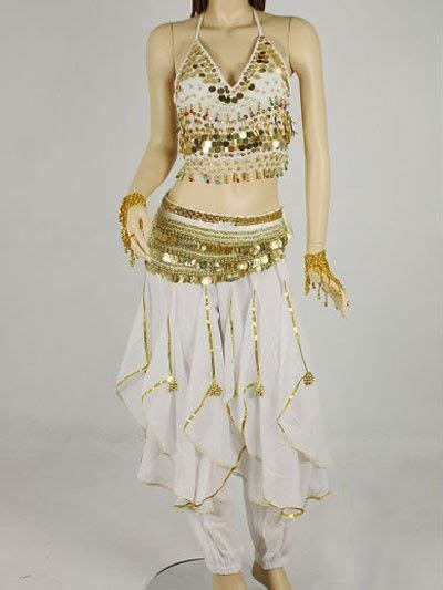 Belly Dance Costume Outfit White Chiffon Sequined Bollywood Dance Set