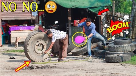 Tyre Puncture Prank With Popping Balloons Watc Reaction Of Public