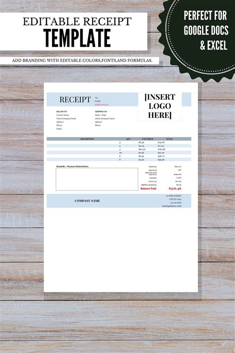 EDITABLE Receipt Template, Template for Google Docs or Microsoft Excel ...