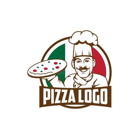 Emblem Of Funny Cook Or Baker With Pizza And Logo Stock Vector